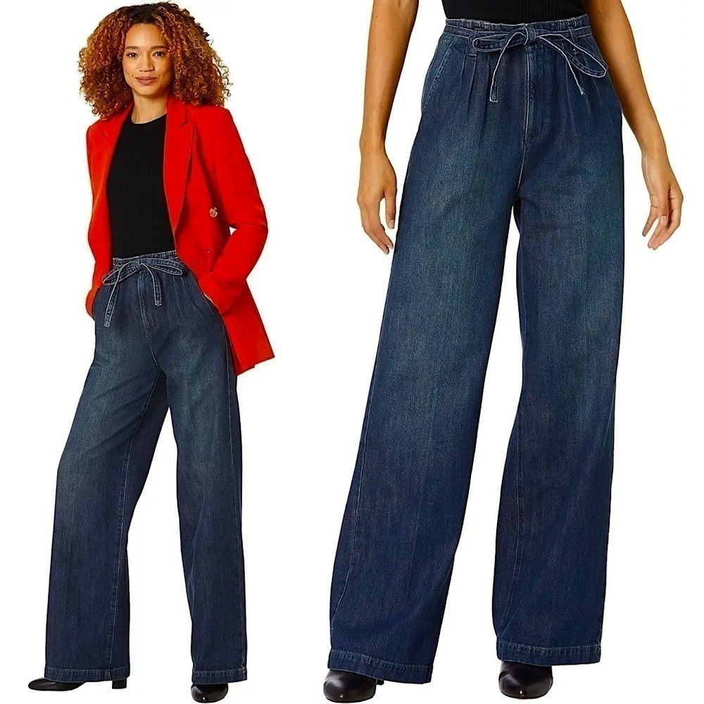 NWT AG 90s Pleated High Waist Tie Belt Dark Wash Denim Ultra Wide Leg Jeans 32